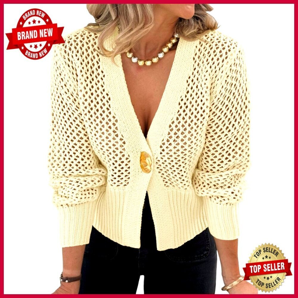 Cropped Crochet Cardigan Lantern Sleeve Loose Fit Cover Up